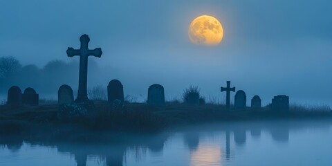 Fototapeta premium Foggy Graveyard with Full Moon