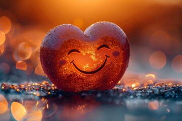 Fototapeta premium Heart-shaped red object with a happy smiley face sits on a wet surface during golden hour with warm bokeh lights.