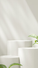 Background featuring an empty product display mockup with a beige backdrop and abstract geometric platforms designed for showcasing merchandise in portrait orientation.