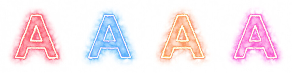 Set of 4 letter A with fire and smoke effects isolated on a transparent background. Transparent elements for graphic design.