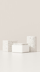 Background featuring an empty product display mockup with a beige backdrop and abstract geometric platforms designed for showcasing merchandise in portrait orientation.