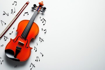 Fototapeta premium Colorful 2D illustration of a violin and bow with musical notes on a plain white background