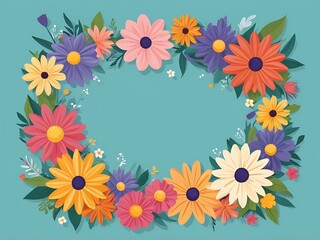 Colorful Flower Wreath with Blue Background