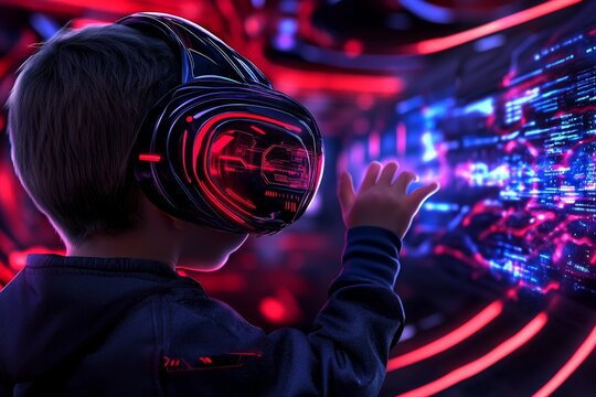 Cyberpunk kids exploring a neon-lit cityscape with futuristic tech gadgets and digital pets