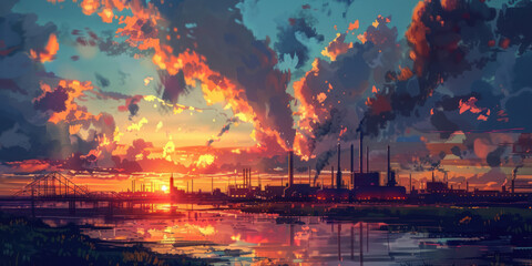 Obraz premium A beautiful sunset over an industrial area, with the light illuminating the smokestacks and filling the sky with rich colors.
