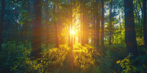 Obraz premium A beautiful sunset over a forest, the light filtering through the trees and creating a tranquil scene of warmth and serenity.