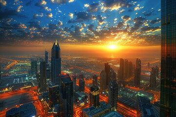 Obraz premium A beautiful sunset over a modern city, with skyscrapers illuminated by the last light of the day.