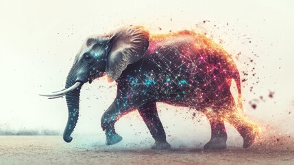 elephant where the body is formed by intertwining light beams and waves,