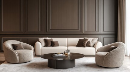 Modern Living Room Interior Design with Plush Seating and Wooden Wall Panels