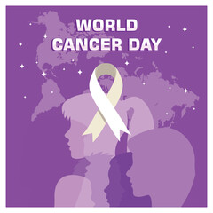 A person with a worldwide cancer awareness ribbon. World Cancer Day campaign. World Cancer Day concept. Flat vector illustration.
