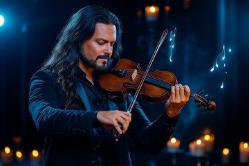 Fototapeta premium Gothic musician playing a violin in a dark, candle-lit room with haunting musical notes drifting through the air