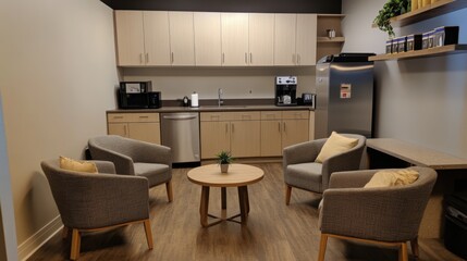 Fototapeta premium Modern kitchen interior with beige furniture and coffee machine.