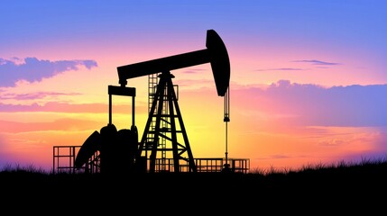 Oil pump on sunset background. Oil industry.