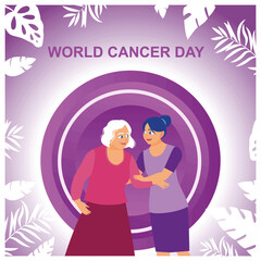 Teenage girl with her mother who is suffering from cancer. Caring for mother with great affection. World Cancer Day concept. Flat vector illustration.