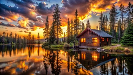 Fototapeta premium Golden Hour Reflection of a Cozy Cabin Nestled in a Tranquil Forest With a Sparkling Lake
