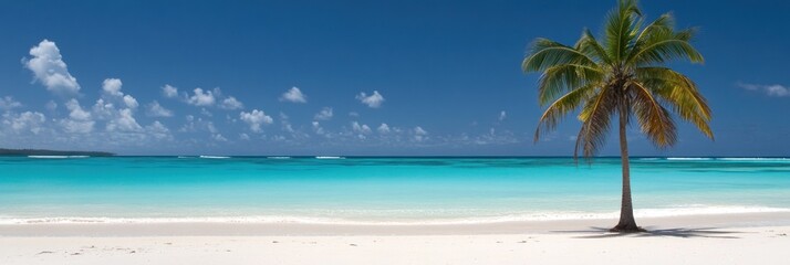 Fototapeta premium A serene beach scene with turquoise waters and a solitary palm tree under a clear blue sky.