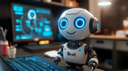 Friendly Robot Illustration with a Computer