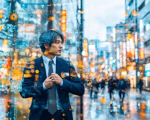 Businessman in Urban Setting with Digital Overlay