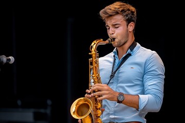 Musician on stage playing a saxophone with passion and energy, capturing the intensity of his performance