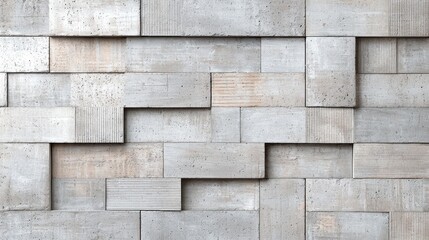 A textured, grey concrete wall showcasing an abstract arrangement of various rectangular panels with distinct patterns.
