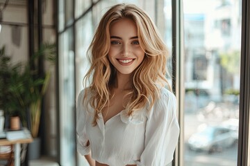 Fototapeta premium beautiful young business woman standing while smiling looking at camera in the office