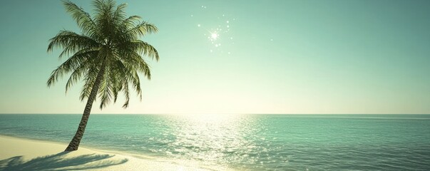 Obraz premium Serene beach scene with a palm tree and sparkling water under a bright sky.