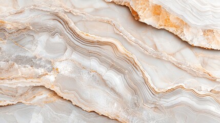 A close-up view of a textured stone surface showcasing layers of cream, beige, and orange hues with delicate patterns.