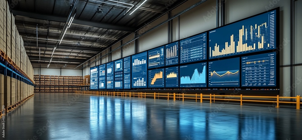 Aufkleber Large warehouse with rows of stacked boxes and a wall of screens displaying graphs and charts.