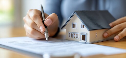 Person signing a document with a model house in front.