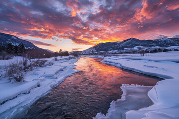 A breathtaking sunset over a frozen river, the last rays of light casting long shadows and filling the sky with warm colors.
