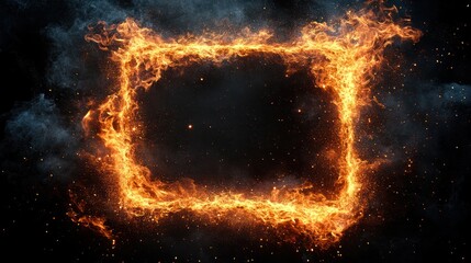 A fiery frame made of flames and smoke against a black background.