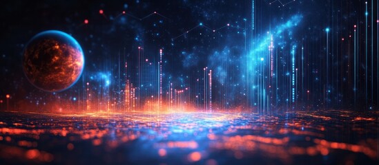 Naklejka premium A futuristic landscape with a glowing planet and digital lights.