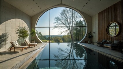 Fototapeta premium Modern Minimalist Interior Design with Pool and Circular Window, Elegant Spaces, Natural Light, Contemporary Aesthetics, Open Plan, Serene Environment, Stylish Decor, Tranquil Vibes