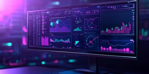 Fototapeta premium Computer monitor displaying an abstract network monitoring dashboard with real-time data analytics, graphs, and system health indicators. 