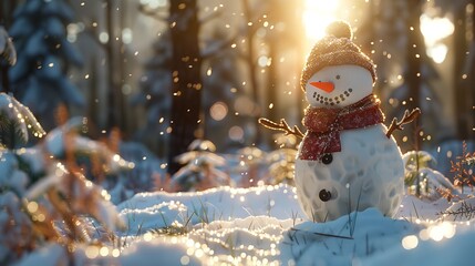 Obraz premium Snowman in the Woods, Christmas, 8K Realistic Lighting, Highly Detailed
