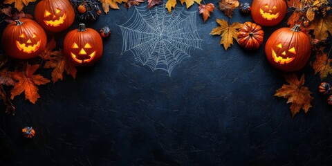Autumn holiday concept composition and mock up of pumpkins, leaves, and spider web on a dark background. Top view with copy space.