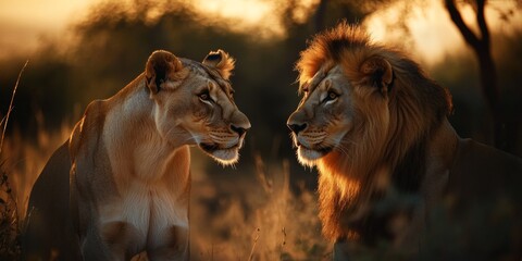 View of wild lioness and lion in nature