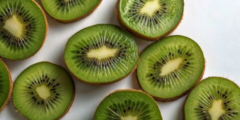 Fototapeta premium Freshly Sliced Ripe Kiwi Fruit on White Background - A Vibrant Top View for Health and Wellness Inspiration, Ideal for Food Blogs, Recipes, and Nutrition Content