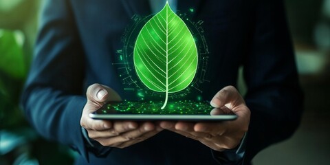 person in a suit holding a tablet with a digital green leaf, symbolizing ESG concepts: environmental sustainability, social responsibility, and corporate governance. 