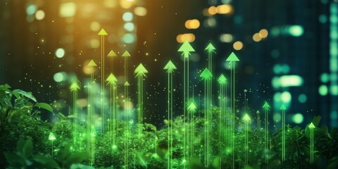 Obraz premium Green and sustainable development in the business sector, showcasing upward arrows symbolizing the growth and positive impact of environmental, social, and governance (ESG) practices. 