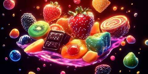 sugar candy glowing elements, colorfull stylized sweet, fruites and chocolate icons 