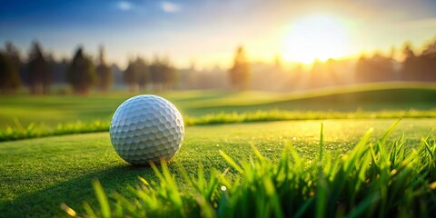 A solitary golf ball resting on the dewy green grass at sunrise, bathed in the golden glow of the morning sun.