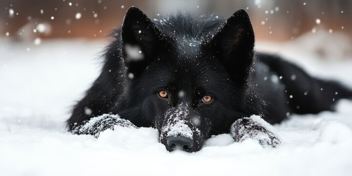 photo of a black dire wolf laying down in the snow, skinny and weak 