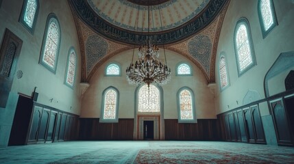 Obraz premium A spacious, ornate interior of a mosque featuring stained glass windows and a chandelier.