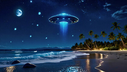 UFO hovering over a tropical beach at night under a starry sky with waves gently lapping at the shore
