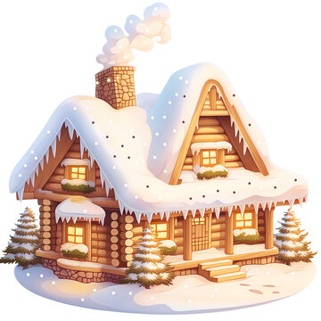 snowy cabin scene with christmas trees clip art preview
