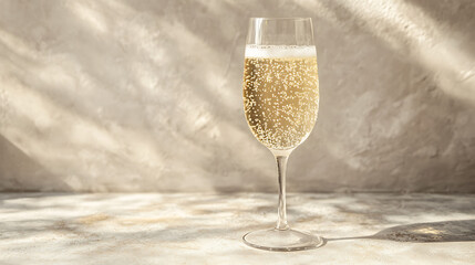 Bubbles rising in a glass of sparkling water against a light background 
