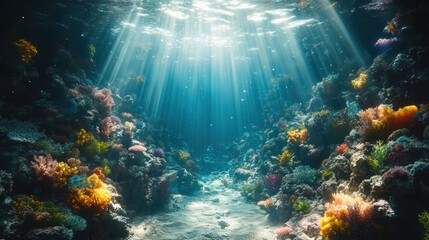Sunbeams illuminate a vibrant coral reef in a tropical ocean.
