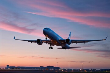 A Bold Commercial Airliner Taking Off from a Major International Airport at Dusk for an Exciting Journey Ahead