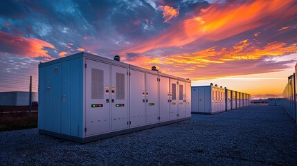 Vibrant Energy Storage Facility Under a Stunning Sunset Sky with Colorful Clouds and Serenity